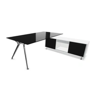 Black Glass Top, Polished Legs, White Storage + Black Doors