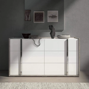 Status, Italy Treviso ESF Wood Veneer/Chrome Double Dresser w/6 Drawers, White/Grey Stone
