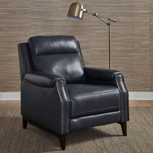 Liberty Furniture Rawling Triple Power Leather/Wood Recliner in York Navy