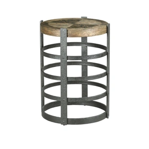 Hammary Hidden Treasures Round Wood Veneer/Metal Barrel Strap End Table, Brown/Black
