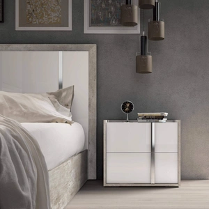Status, Italy Treviso ESF Wood Veneer/Chrome Nightstand w/2 Drawers, White/Grey Stone