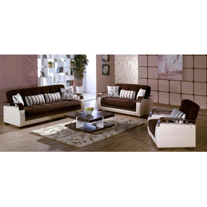 Bellona USA Natural Fabric/PU Storage Sleeper Living Room Set w/Wooden Armrests