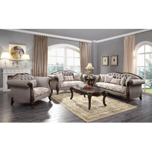 ACME Miyeon Fabric Tufted Living Room Set w/Pillows, Beige/Cherry