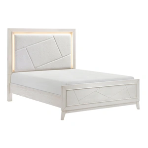 Homelegance Asteria Chenille/Wood Panel Bed with LED Lighting, Antique White