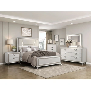 Homelegance Audra Chenille/Wood Panel Bedroom Set with LED Lighting, White/Gold