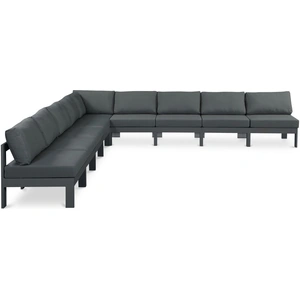 Meridian Furniture Nizuc 150-inch 9-Piece Outdoor Patio Waterproof Fabric Modular Armless Sectional with Aluminum Frame, Grey