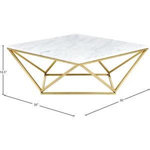 Meridian Furniture Mason 36-inch Square Stone Coffee Table with Gold Stainless Steel Base, White