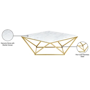 Meridian Furniture Mason 36-inch Square Stone Coffee Table with Gold Stainless Steel Base, White