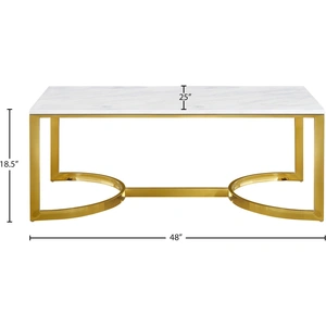 Meridian Furniture London 48-inch Rectangular Stone Coffee Table with Gold Stainless Steel Base, White