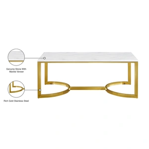 Meridian Furniture London 48-inch Rectangular Stone Coffee Table with Gold Stainless Steel Base, White