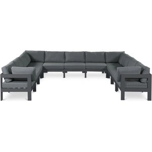 Meridian Furniture Nizuc 150-inch 11-Piece Outdoor Patio Waterproof Fabric Modular U-Shape Sectional with Dark Grey Aluminum Frame
