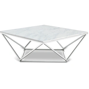 Meridian Furniture Skyler 36-inch Square Marble Coffee Table with Chrome Stainless Steel Base, White