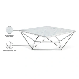 Meridian Furniture Skyler 36-inch Square Marble Coffee Table with Chrome Stainless Steel Base, White