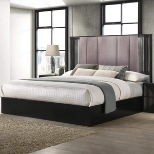 J&M Furniture Rosette Leatherette Bed w/LED, Black/Grey