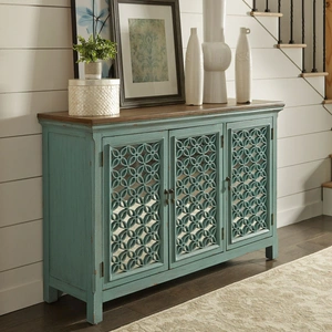 Liberty Furniture Kensington Wood Accent Cabinet w/3 Doors, Turquoise & Worn Wood Tone