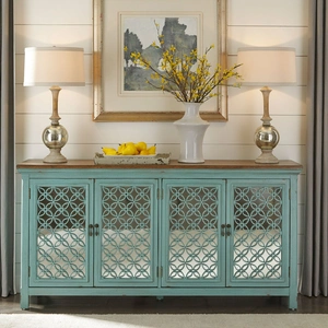 Liberty Furniture Kensington Wood Accent Cabinet w/4 Doors, Turquoise & Worn Wood Tone