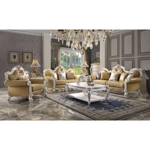 ACME Picardy Wood/PU Living Room Set, Antique Pearl/Butterscotch
