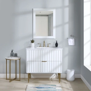 Meridian Furniture Modernist 36-inch Quartz  & Wood Veneer Single Bathroom Vanity with Brushed Metal Legs & Ceramic Sink, White