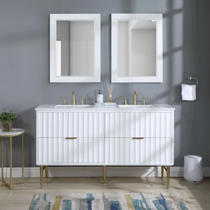 Meridian Furniture Modernist 60-inch Quartz  & Wood Veneer Double Bathroom Vanity with Brushed Legs & Ceramic Sinks, White
