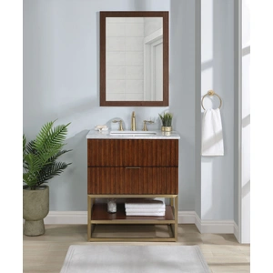 Meridian Furniture Monad 30-inch Marble & Wood Veneer Single Bathroom Vanity with Brushed Gold Base & Ceramic Sink
