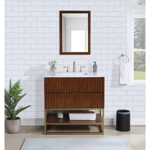 Meridian Furniture Monad 36-inch Marble & Wood Veneer Single Bathroom Vanity with Brushed Gold Base & Ceramic Sink