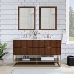 Meridian Furniture Monad 60-inch Marble & Wood Veneer Double Bathroom Vanity with Brushed Gold Base & Ceramic Sinks