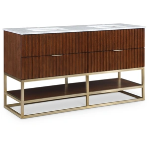 Meridian Furniture Monad 60-inch Marble & Wood Veneer Double Bathroom Vanity with Brushed Gold Base & Ceramic Sinks