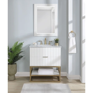 Meridian Furniture Monad 30-inch Marble & Wood Veneer Single Bathroom Vanity with Brushed Gold Base & Ceramic Sink