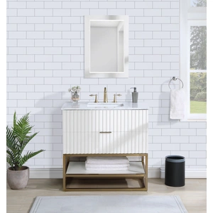 Meridian Furniture Monad 36-inch Marble & Wood Veneer Single Bathroom Vanity with Brushed Gold Base & Ceramic Sink