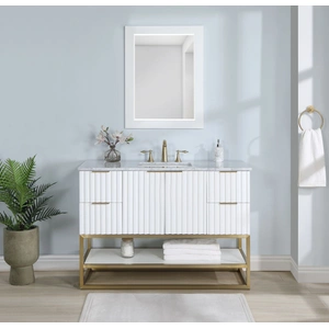 Meridian Furniture Monad 48-inch Marble & Wood Veneer Single Bathroom Vanity with Brushed Gold Base & Ceramic Sink