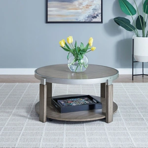 Liberty Furniture Sutton Round Wood Cocktail Table w/Metal Trim, Bleached Sand