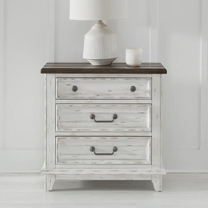 Liberty Furniture River Place Wood Nightstand w/Charging Station & 3 Drawers, Riverstone White & Tobacco
