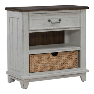 Liberty Furniture River Place Wood Bedside Chest w/Charging Station & Drawer, Riverstone White & Tobacco