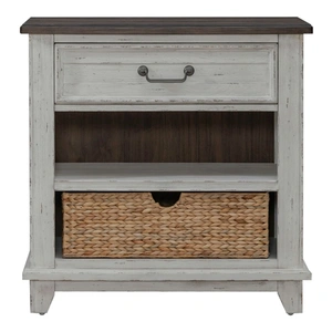 Liberty Furniture River Place Wood Bedside Chest w/Charging Station & Drawer, Riverstone White & Tobacco