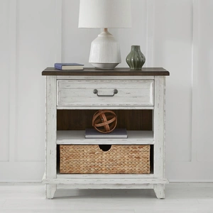 Liberty Furniture River Place Wood Bedside Chest w/Charging Station & Drawer, Riverstone White & Tobacco