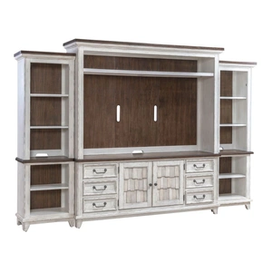 Liberty Furniture River Place Wood Entertainment Center w/Piers & 6 Drawers & 2 Doors, Riverstone White & Tobacco