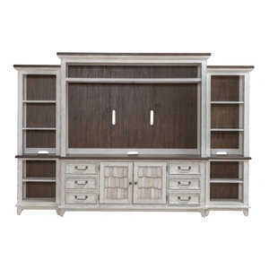 Liberty Furniture River Place Wood Entertainment Center w/Piers & 6 Drawers & 2 Doors, Riverstone White & Tobacco