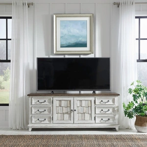 Liberty Furniture River Place Wood 75-Inch Entertainment Console w/6 Drawers & 2 Doors, Riverstone White & Tobacco
