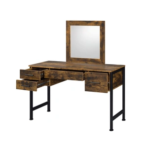 ACME Juvanth Wood/Metal Vanity Desk w/Mirror & 4 Drawers, Rustic Oak/Black