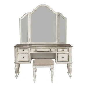 Liberty Furniture Magnolia Manor Rectangular Wood 3-Piece 5-Drawer Vanity Set, Antique White/Weathered Bark