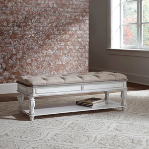 Liberty Furniture Magnolia Manor Tweed/Wood Chenille Bed Bench, Antique White & Ivory