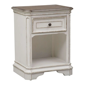 Liberty Furniture Magnolia Manor Wood Nightstand w/Charging Station & Drawer, Antique White & Weathered Bark