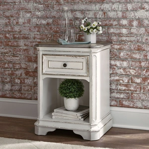 Liberty Furniture Magnolia Manor Wood Nightstand w/Charging Station & Drawer, Antique White & Weathered Bark