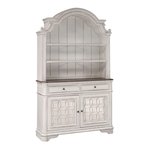 Liberty Furniture Magnolia Manor Wood/Glass Hutch & Buffet w/2 Drawers & 2 Doors, Antique White & Weathered Bark