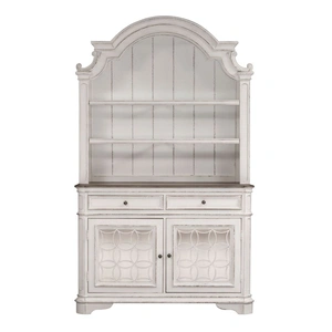 Liberty Furniture Magnolia Manor Wood/Glass Hutch & Buffet w/2 Drawers & 2 Doors, Antique White & Weathered Bark