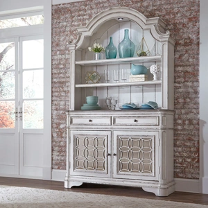 Liberty Furniture Magnolia Manor Wood/Glass Hutch & Buffet w/2 Drawers & 2 Doors, Antique White & Weathered Bark