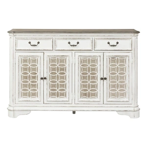 Liberty Furniture Magnolia Manor Wood/Glass Hall Buffet w4 Doors & 3 Drawers, Antique White & Weathered Bark