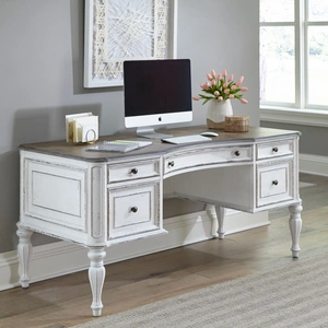 Liberty Furniture Magnolia Manor Irregular Wood Writing Desk w/5 Drawers, Antique White & Weathered Bark