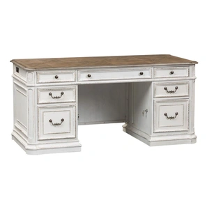 Liberty Furniture Magnolia Manor Wood Office Credenza & Hutch w/7 Drawers & 2 Doors, Antique White & Weathered Bark