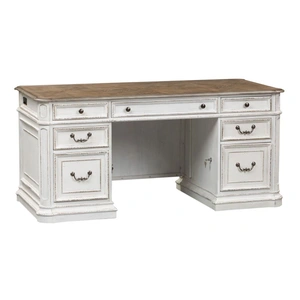 Liberty Furniture Magnolia Rectangular Wood Manor Desk w/7 Drawers, Antique White & Weathered Bark